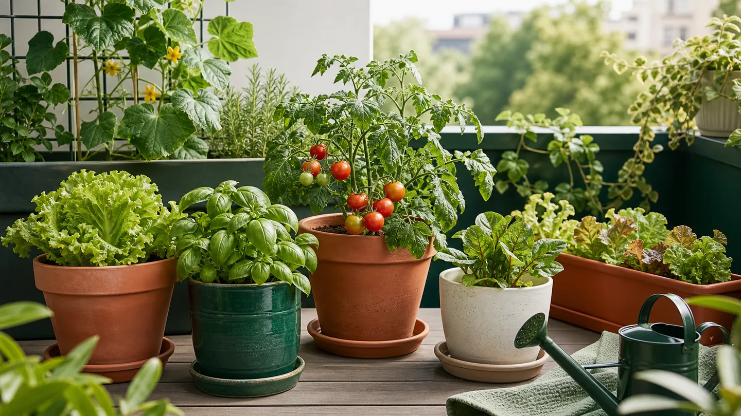 Edible plants growing in safe balcony containers