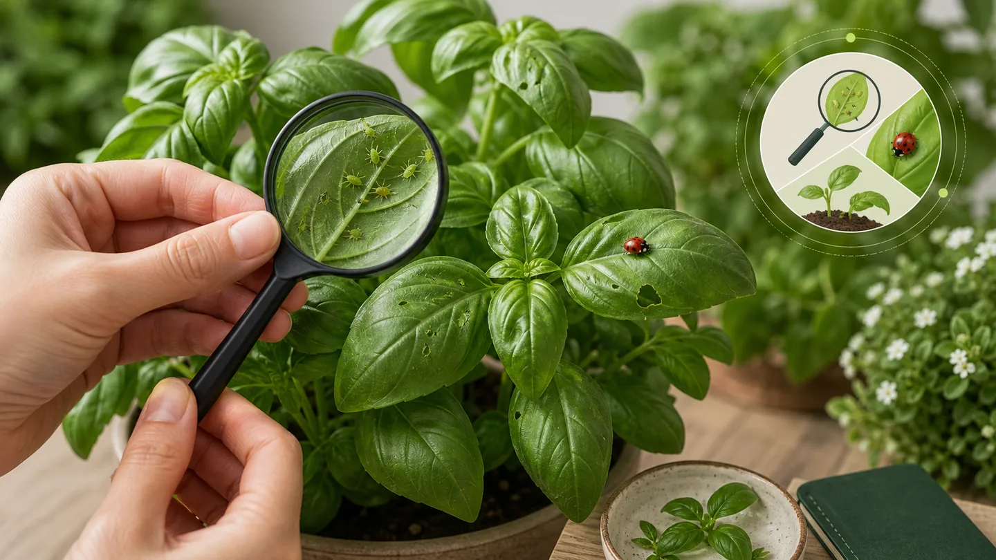 Gardener inspecting basil leaves and beneficial insects