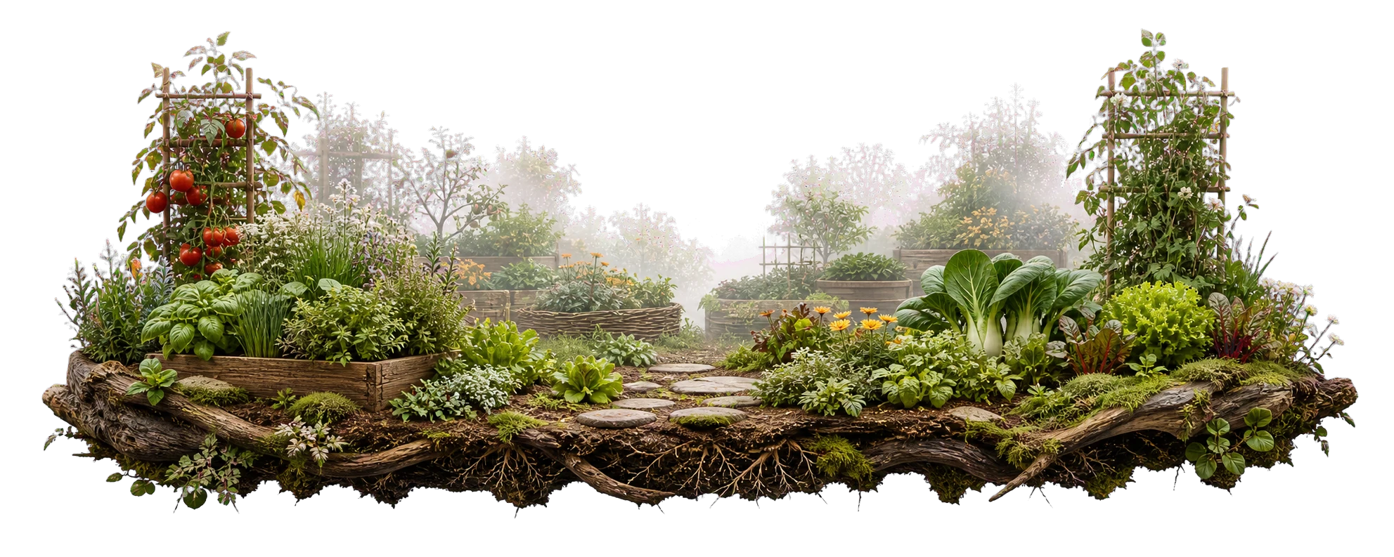 A layered miniature productive garden with herbs, leafy greens, tomatoes, and misty garden beds