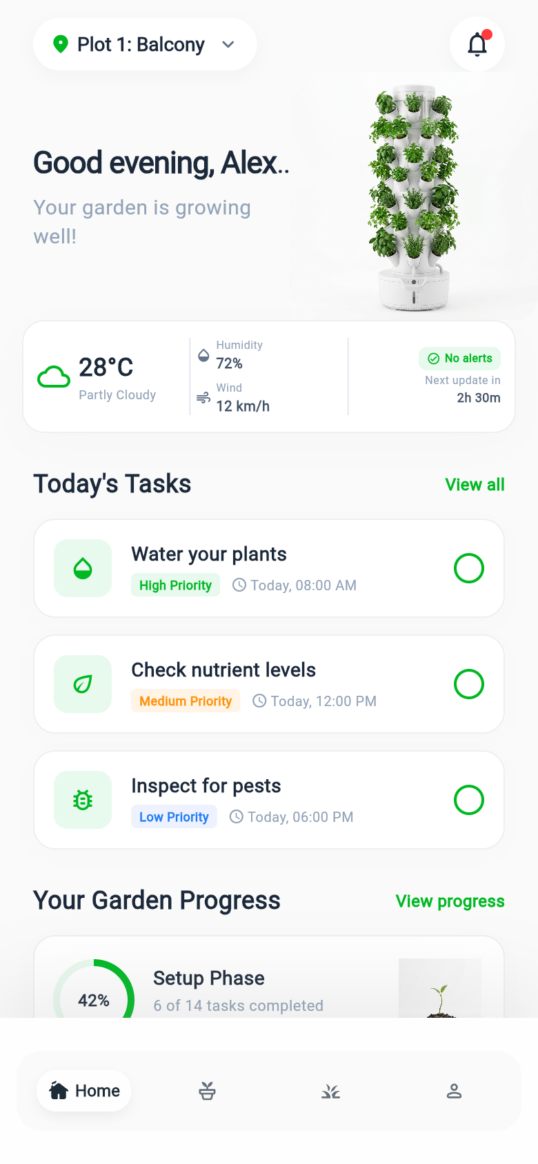 Hortiku home dashboard showing weather, today's tasks, and garden progress