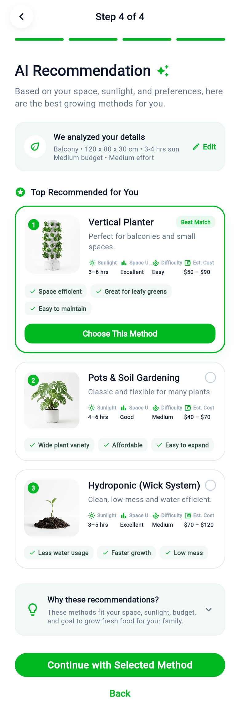 Hortiku plant recommendation screen