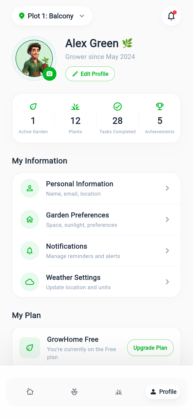 Hortiku profile, stats, and achievements screen