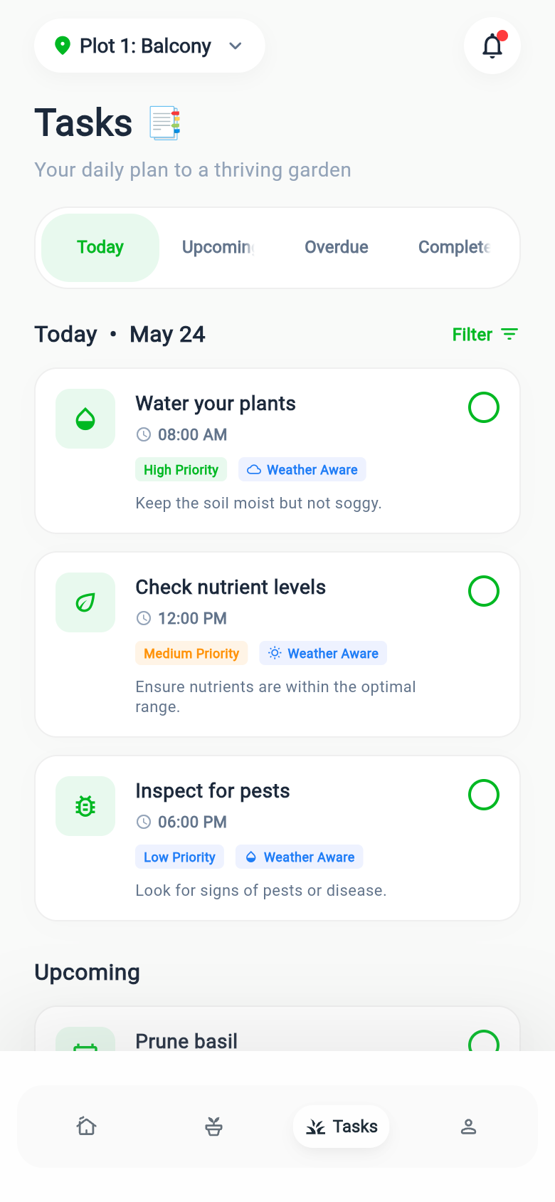 Hortiku task management screen